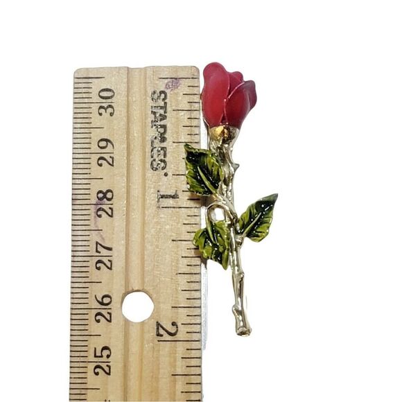 Gorgeous Vintage 2" Long Stem Red Rose Brooch Pin - Picture 5 of 5
